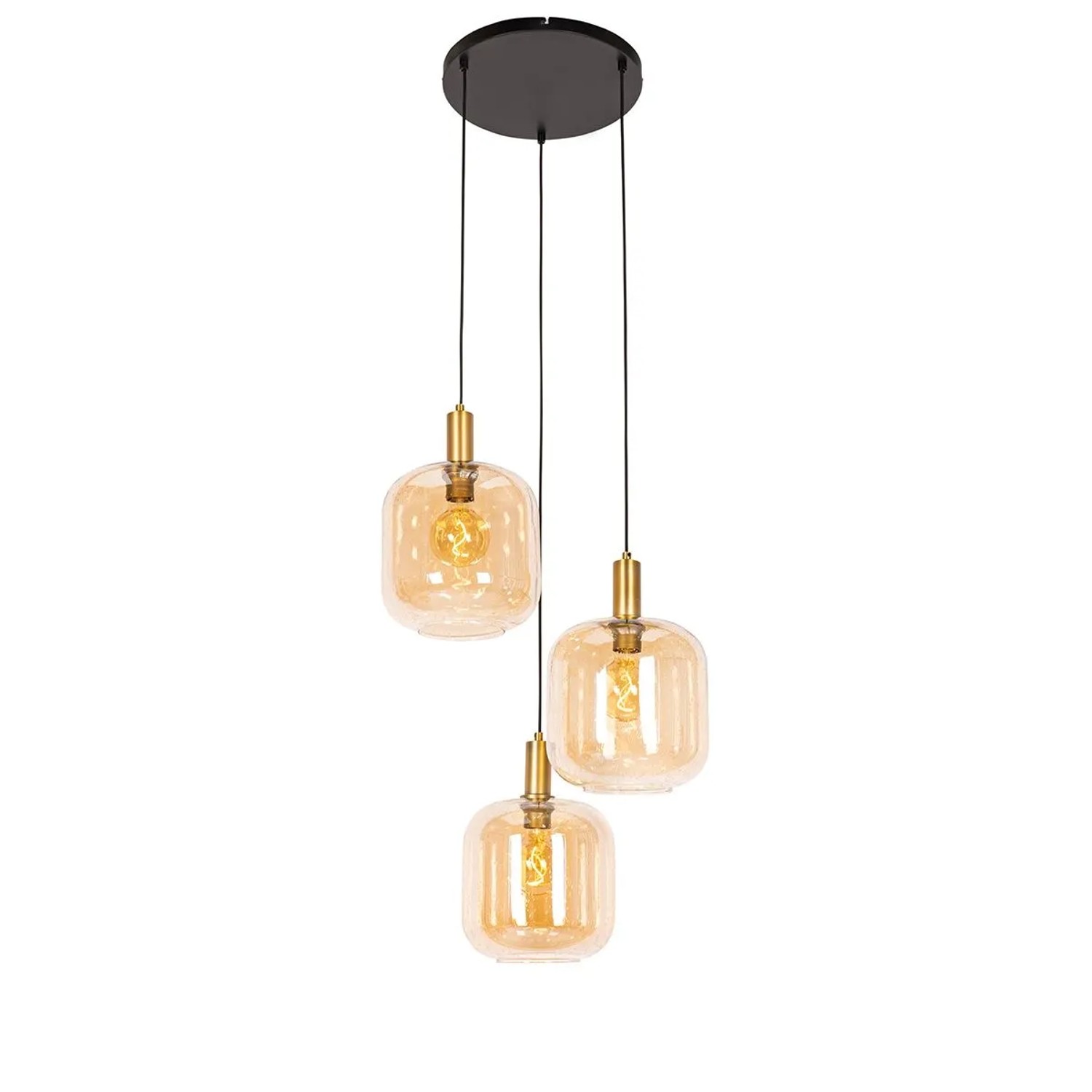 QAZQA Design Hängelampe Schwarz mit Messing und Braunem Glas 3 Lichter Zuzanna
