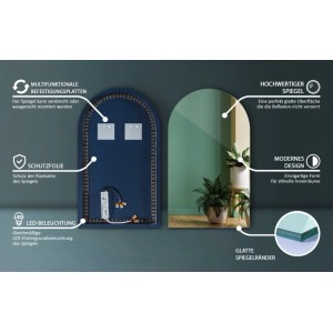 Halbbogen LED Spiegel, rahmenlos, 60x100 cm. Zeigt Vorder- & Rückseite mit LED-Beleuchtung & Montageplatten.