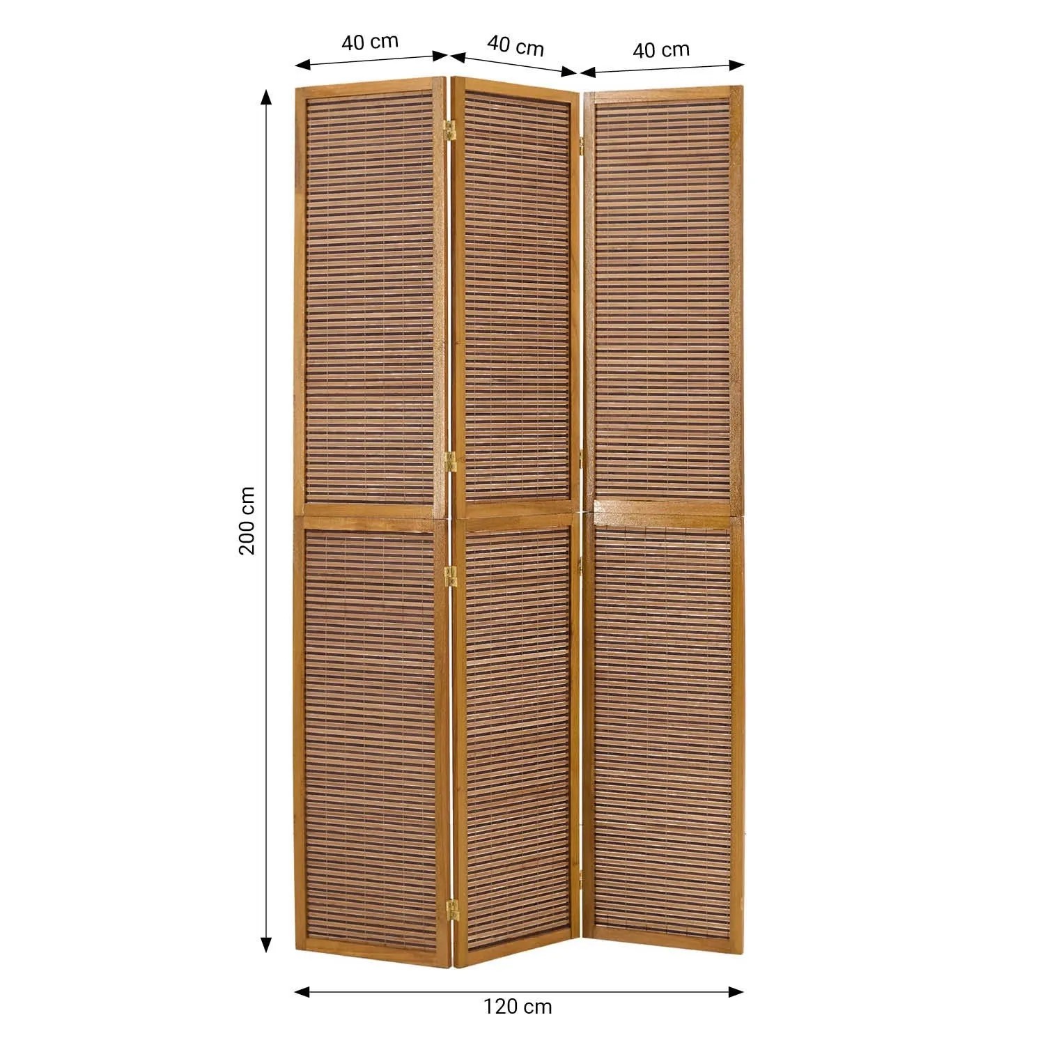 Brauner Homestyle4u Paravent, 3-teilig, 200x120 cm, aus Holz und Bambus. Faltbarer Raumteiler für Sichtschutz.