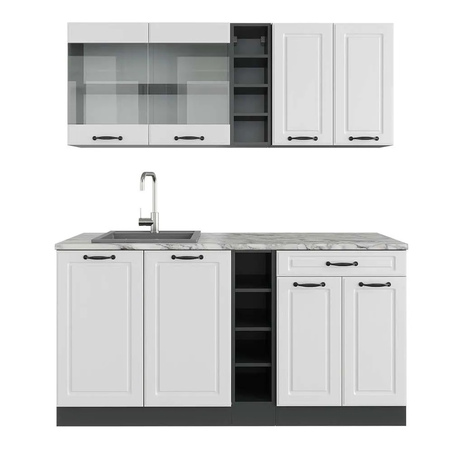 Vicco R-Line Singleküche Weiß Landhaus Anthrazit 160 cm AP Marmor ohne E-Geräte