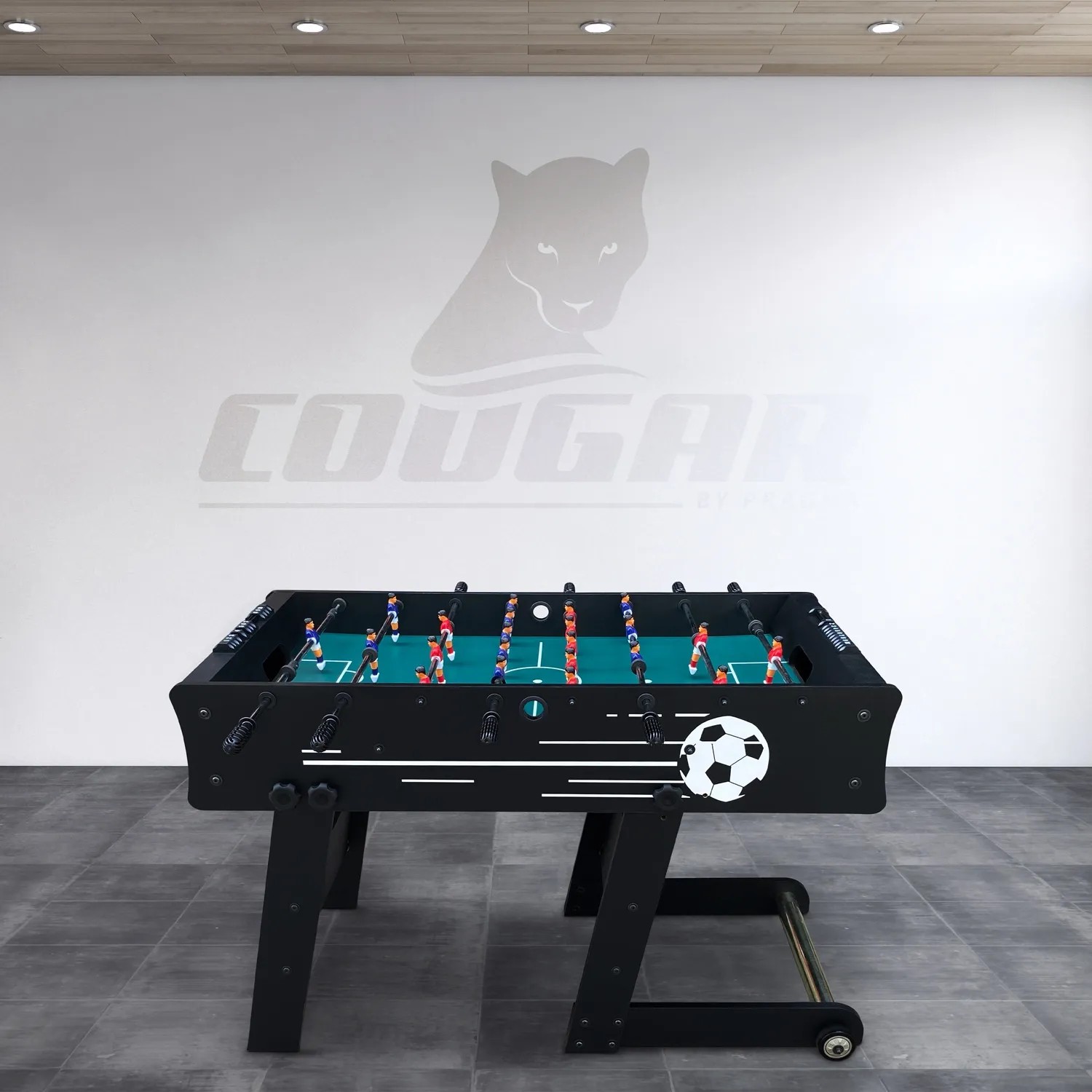 Schwarzer Cougar Tischkicker Scorpion Kick TS, faltbar, mit Spielfiguren und Ball.