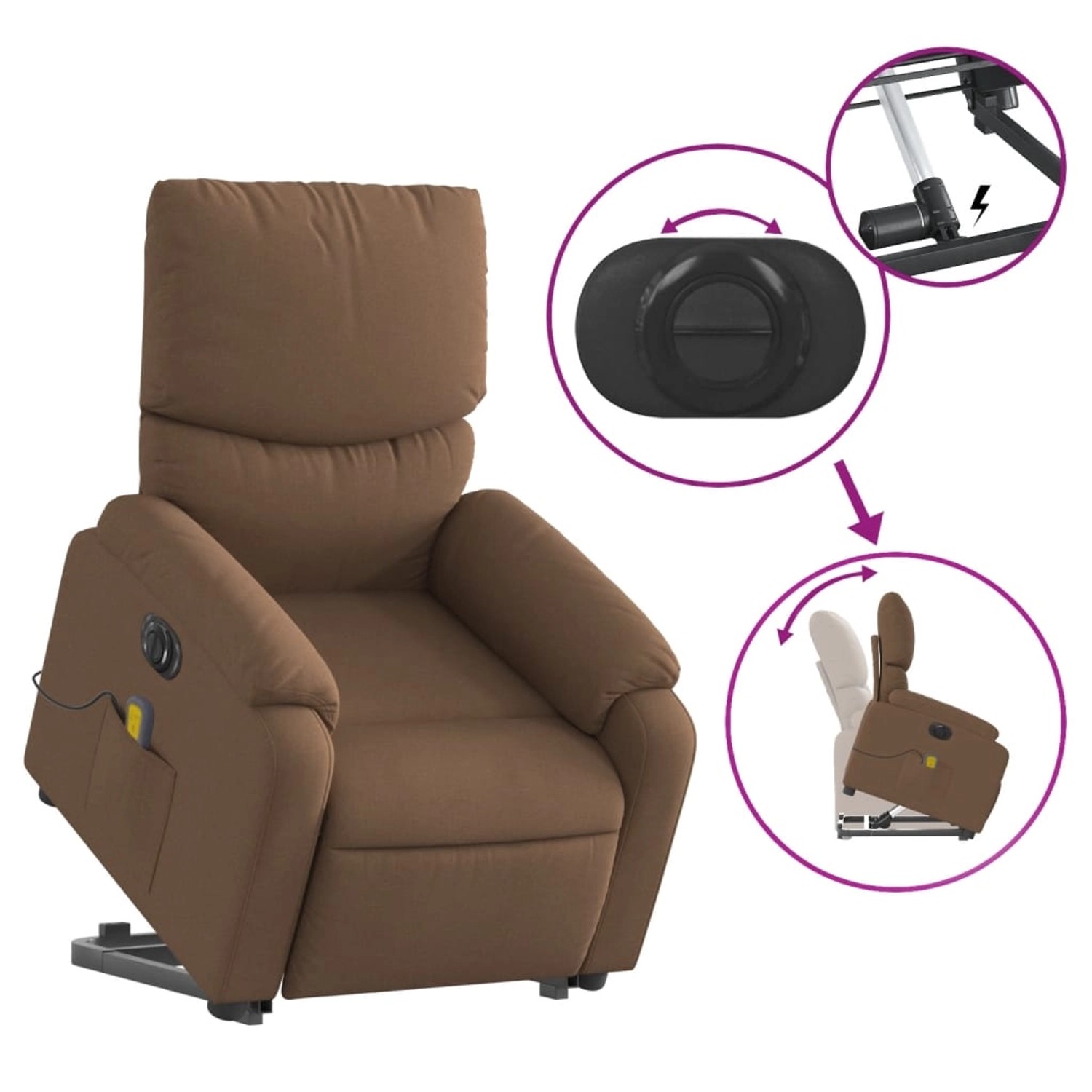 Brauner vidaXL Massagesessel mit Aufstehhilfe, Stoff. Relaxsessel mit Massagefunktion und elektrischer Aufstehhilfe.