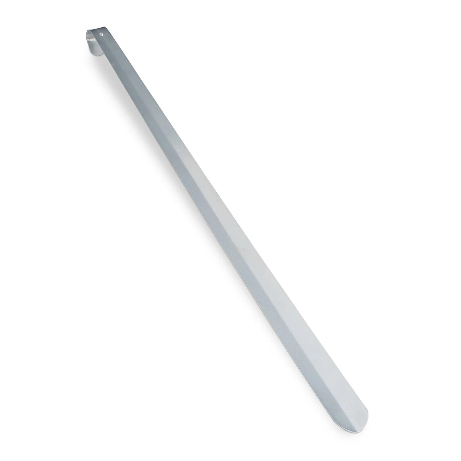 Langer, silberner Schuhlöffel aus Eisen, aluminiumbeschichtet, mit Aufhängeöse. Ideal für bequemes Anziehen von Schuhen.