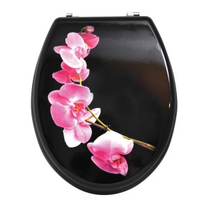 MSV WC-Sitz Lanyu mit pinkfarbenen Orchideen auf schwarzem MDF, 42,5x36,5x5cm.