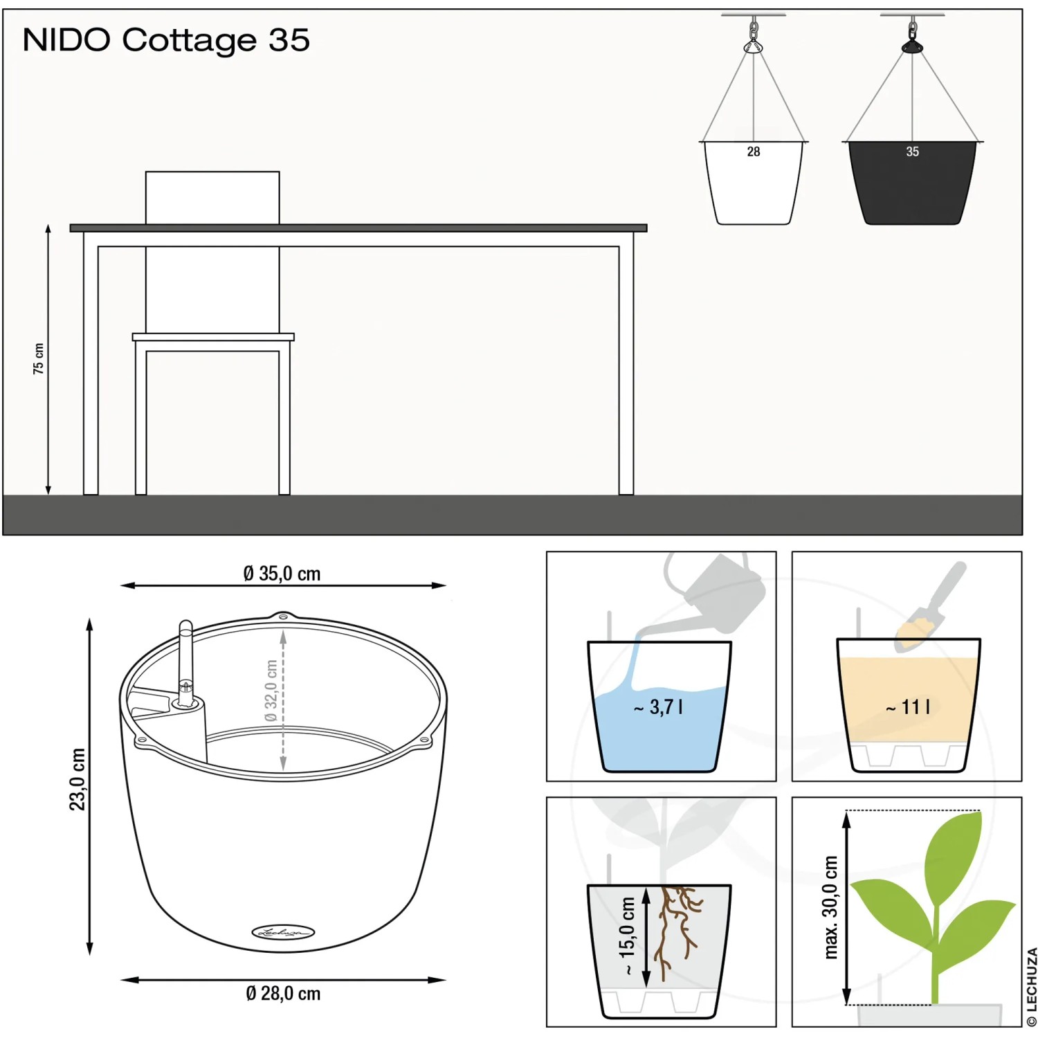 Lechuza Nindo Cottage 35, weiße Hängeampel mit Bewässerungssystem, Maße und Füllmengen dargestellt.