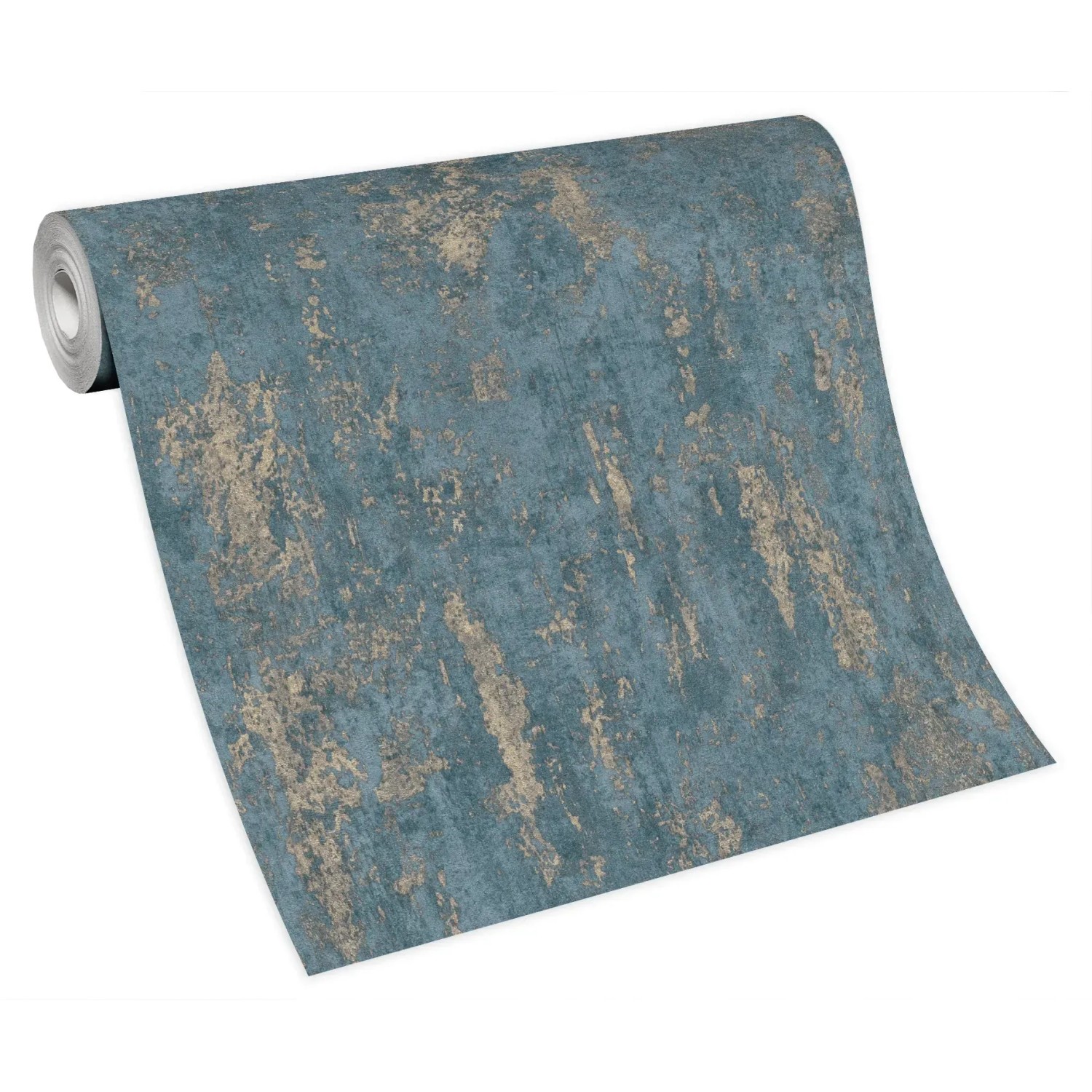Rolle Erismann Vliestapete Casual Chic, Betonoptik in Blau mit goldenen Akzenten.