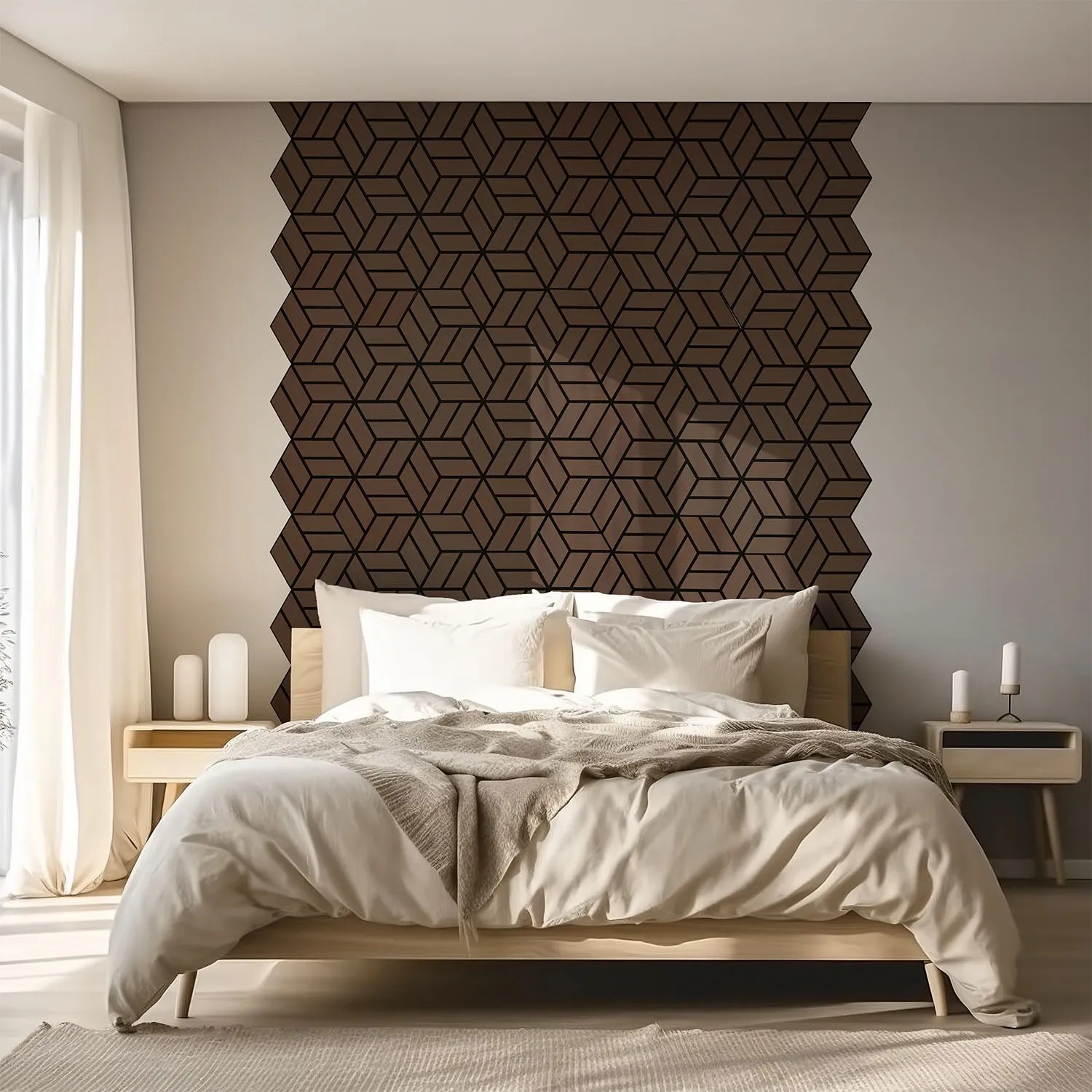 Homestyle4u Akustikpaneele in Braun, 4 Holz Hexagon Wandpaneele als Wanddekoration im Schlafzimmer.