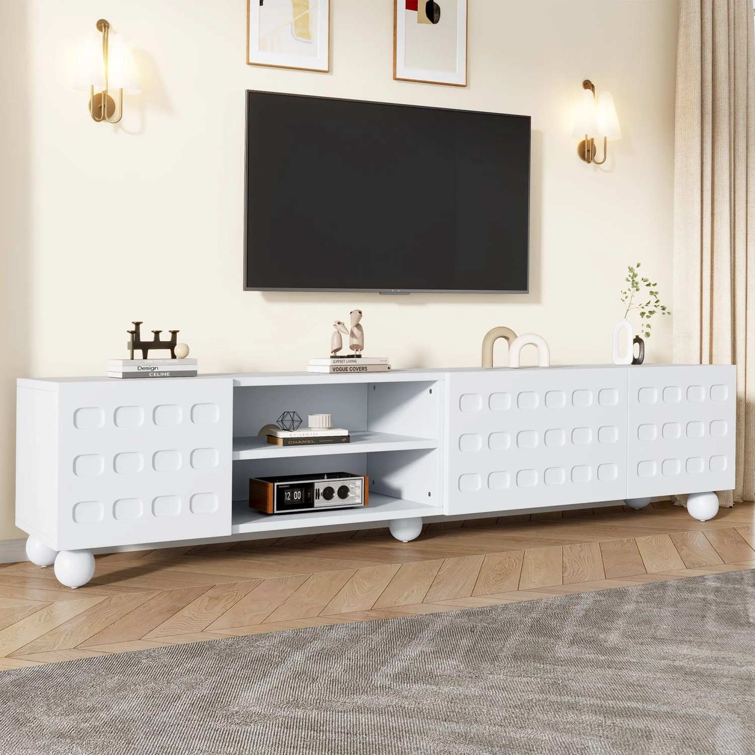 Merax TV Lowboard 200x40x44 cm 3 Türen Für 80 Zoll TV Weiß