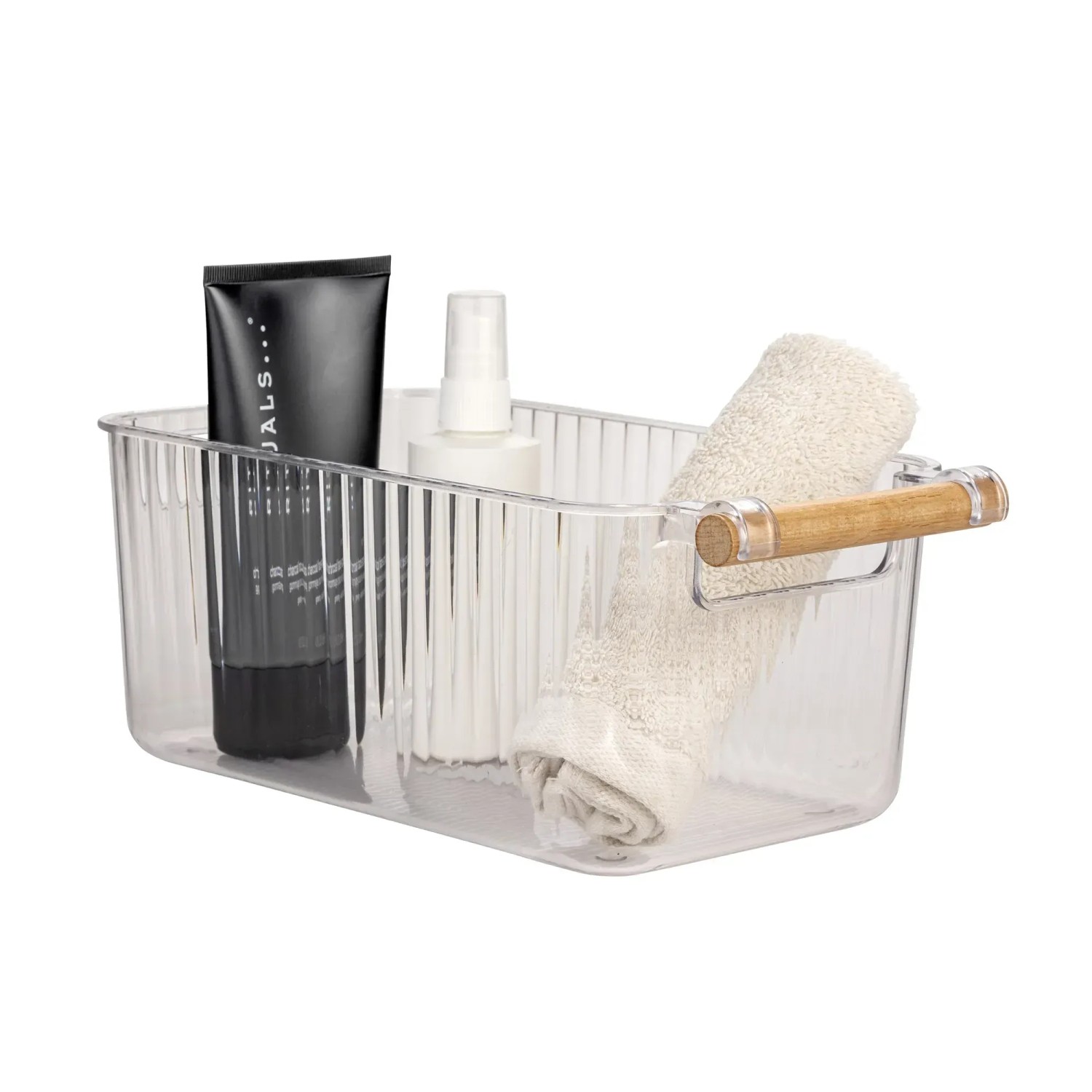 Wenko Badbox-Set Nantes, 3 transparente Kunststoffboxen mit Buchenholzgriffen, gefüllt mit Badutensilien.
