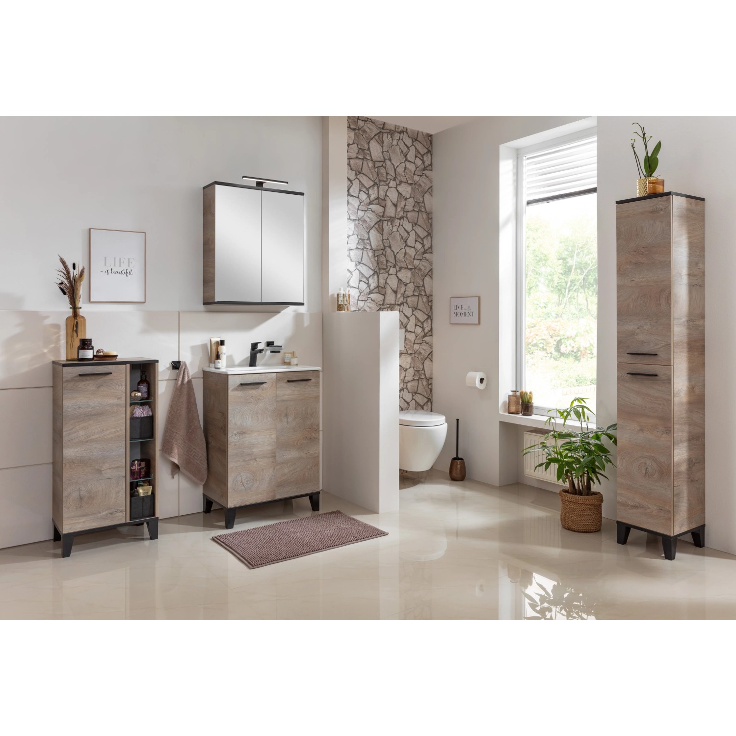 Fackelmann Badmöbel-Set mit LED-Aufsatzleuchte in Schwarz Matt, 30 cm breit.