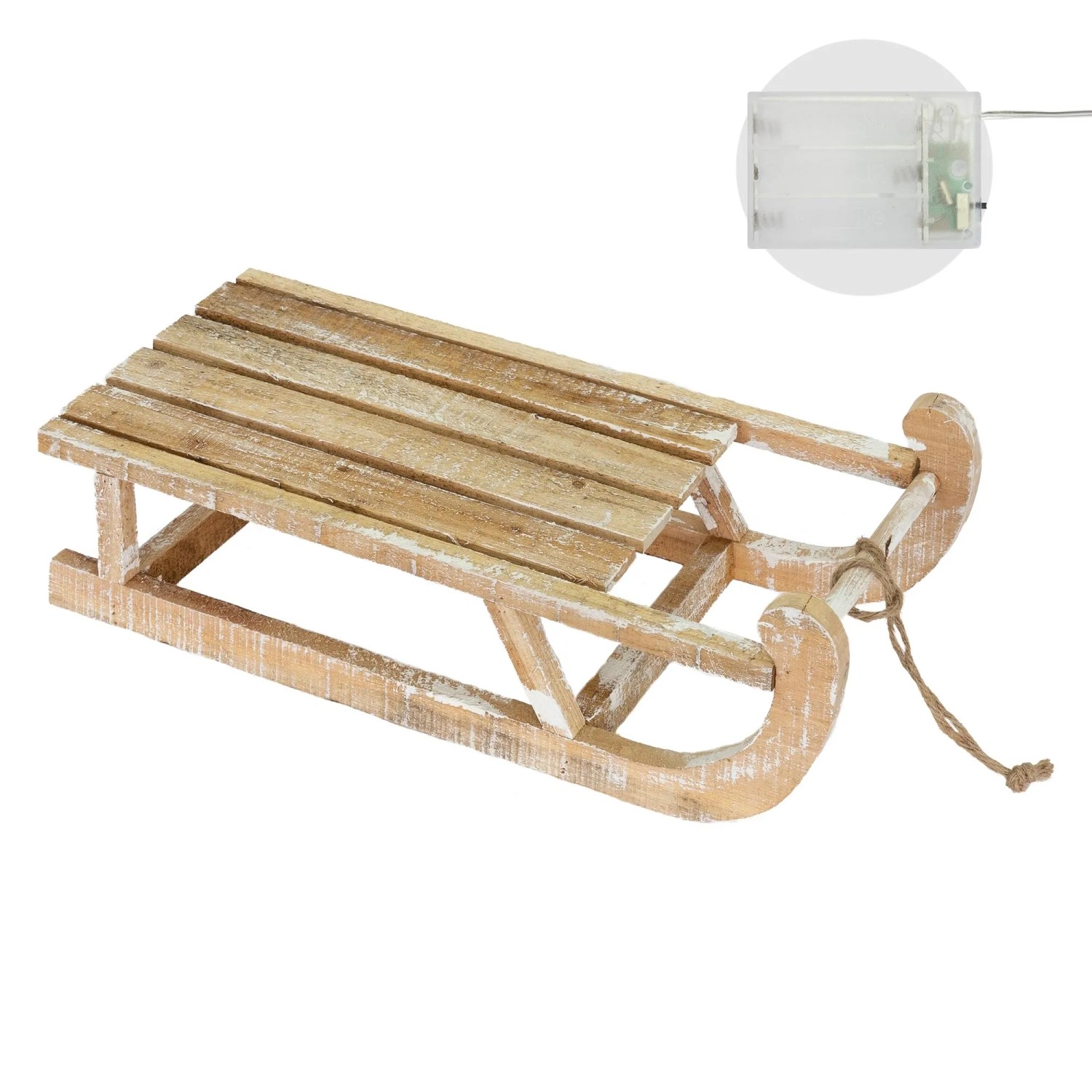 Deko Schlitten aus Holz, 50,5 cm, braun/natur mit LED, Weihnachtsdekoration.