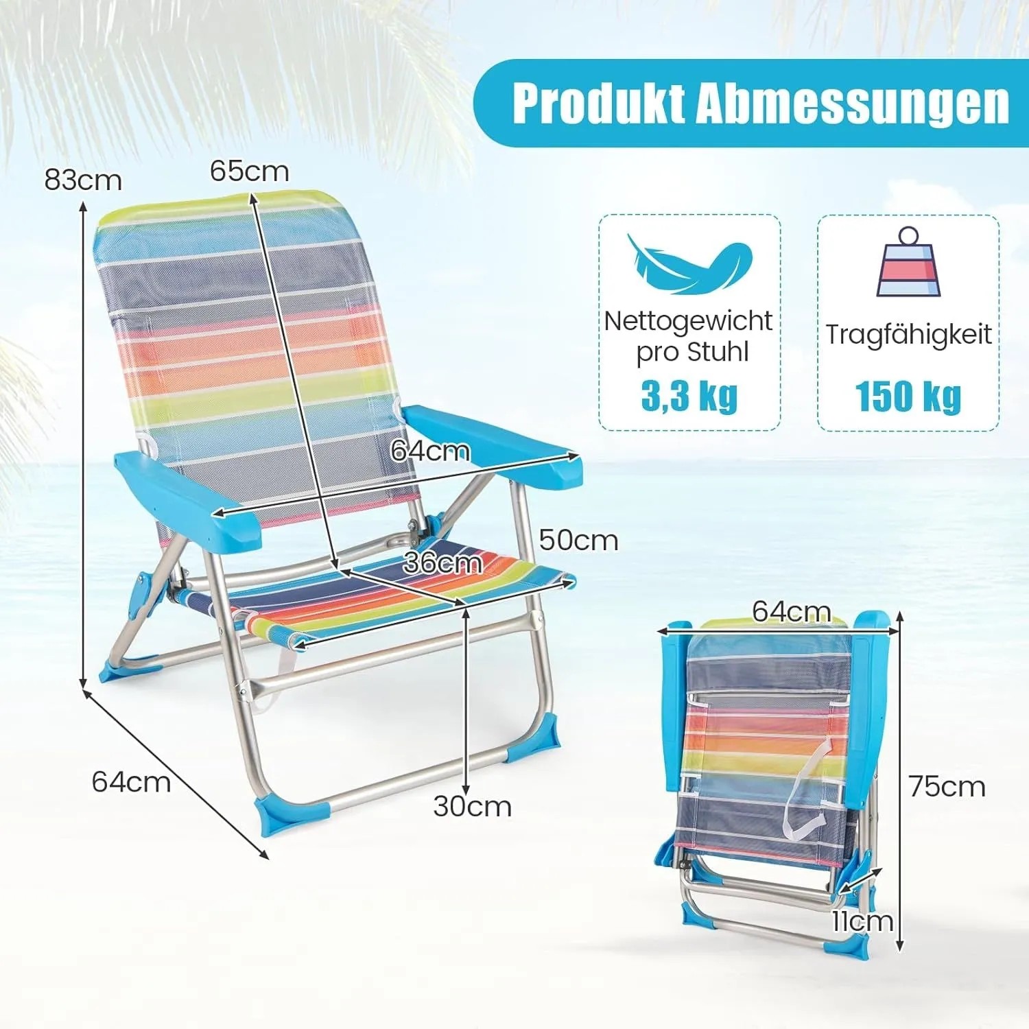 Costway 2er Set Strandstühle, klappbar, mit bunten Streifen und blauen Armlehnen. Gartenstühle für entspannte Stunden.