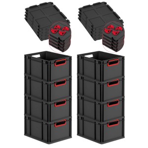PROREGAL SuperSparSet: 8 schwarze Euroboxen mit roten Griffen und Auflagedeckel. Aufbewahrungsboxen, Transportboxen.