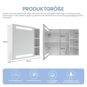 Aquabatos Bad Spiegelschrank 70x60cm, weiß, mit LED-Beleuchtung, offener Ablage, Steckdose, Antibeschlag und Innenfächern.