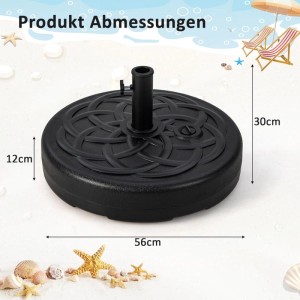 Schwarzer, befüllbarer Costway Sonnenschirmständer (23L/39kg) mit Maßangaben.