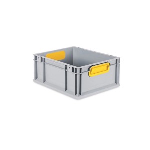 Graue Eurobox mit gelben Griffen und Scharnierdeckel, 17x30x40 cm. Ideal zur Aufbewahrung.