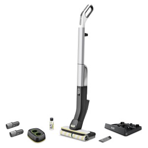 Kärcher Akku-Hartbodenreiniger FC 4-4 in Weiß-Schwarz mit Zubehör.