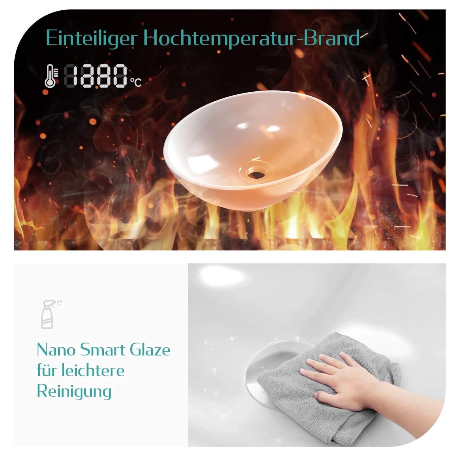 Detailaufnahme: Ovales Emke Handwaschbecken, Keramik Aufsatzwaschbecken mit Nano-Glasur für leichte Reinigung.