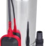 Schmutzwasser Tauchpumpe (1.100 W) aus Edelstahl und Kunststoff mit Schwimmerschalter und Tragegriff.