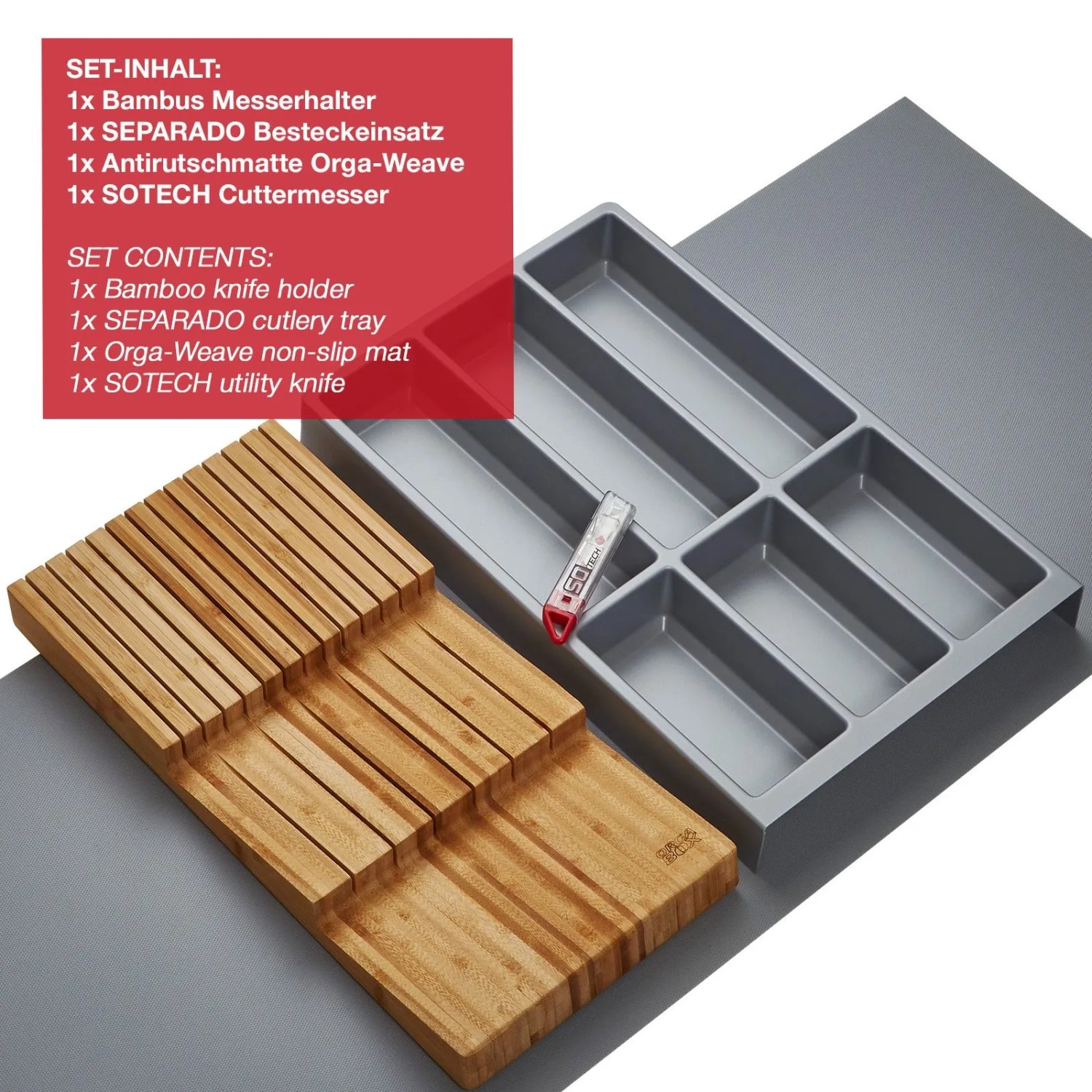 SOTECH ORGA-BOX Vario SET 6 Silbergrau für 80er Schublade Besteckeinsatz Messerhalter Antirutschmatte Orga-Weave_5