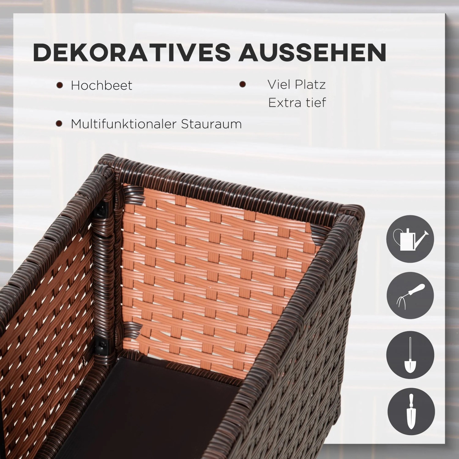 Detailansicht: Kaffee-braunes Outsunny Hochbeet aus Rattan und Stahl, Blumenkasten für Garten und Balkon.