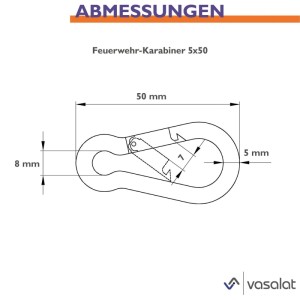 Technische Zeichnung eines Feuerwehrkarabiners 5x50 mm mit Maßen: 50 mm Länge, 8 mm Öffnung, 5 mm Stärke.