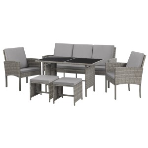 Graues Svita Denver Polyrattan Gartenmöbel Set mit Esstisch, Lounge, Sesseln und Hockern.