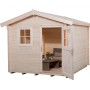 Unbehandeltes Weka Holz-Gartenhaus mit Satteldach und geöffneter Doppeltür. Ideal zur individuellen Gestaltung.