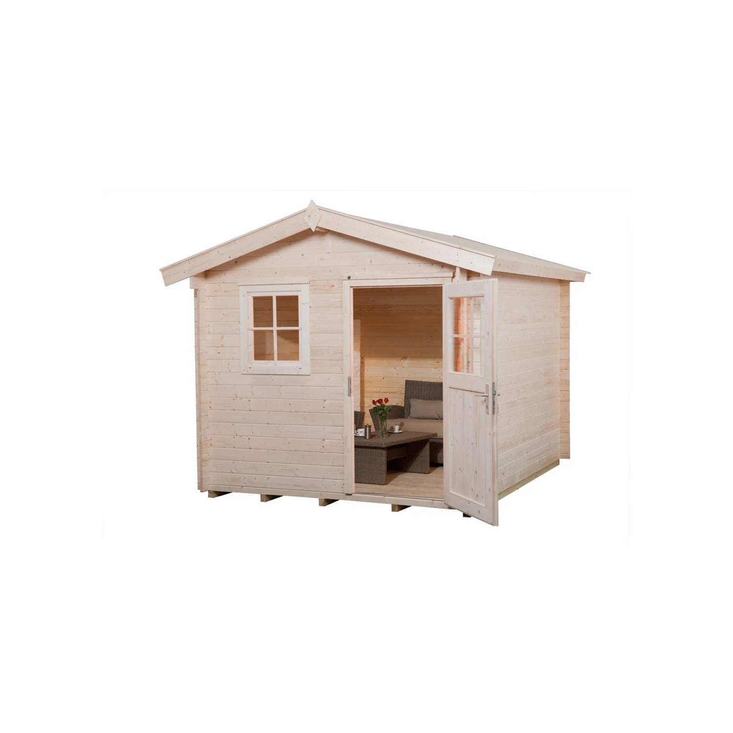 Unbehandeltes Weka Holz-Gartenhaus mit Satteldach und geöffneter Doppeltür. Ideal zur individuellen Gestaltung.