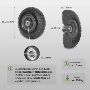2er Set TRUTZHOLM Sackkarrenrad, 260x85mm, pannensicher, PU Rad mit grauer Felge und versetzter Nabe.