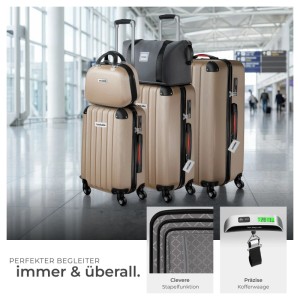 Tectake Cleo Hartschalenkoffer Set: 3 beige Trolleys, Beautycase, Reisetasche im Flughafen. Mit Teleskopgriff, TSA-Schloss, Kofferwaage.