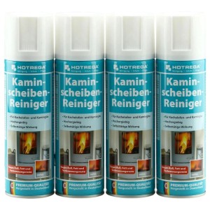 Hotrega Kaminscheibenreiniger, 4 Sprays zur Ruß- und Fettentfernung auf Kaminglas.