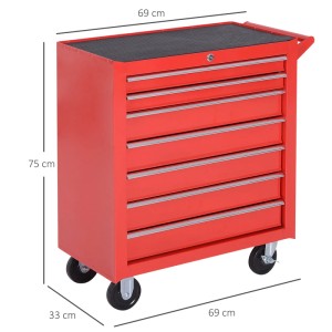 Roter DURHAND Werkstattwagen aus Stahl mit 7 Schubladen und Rollen, 69x33x75cm.