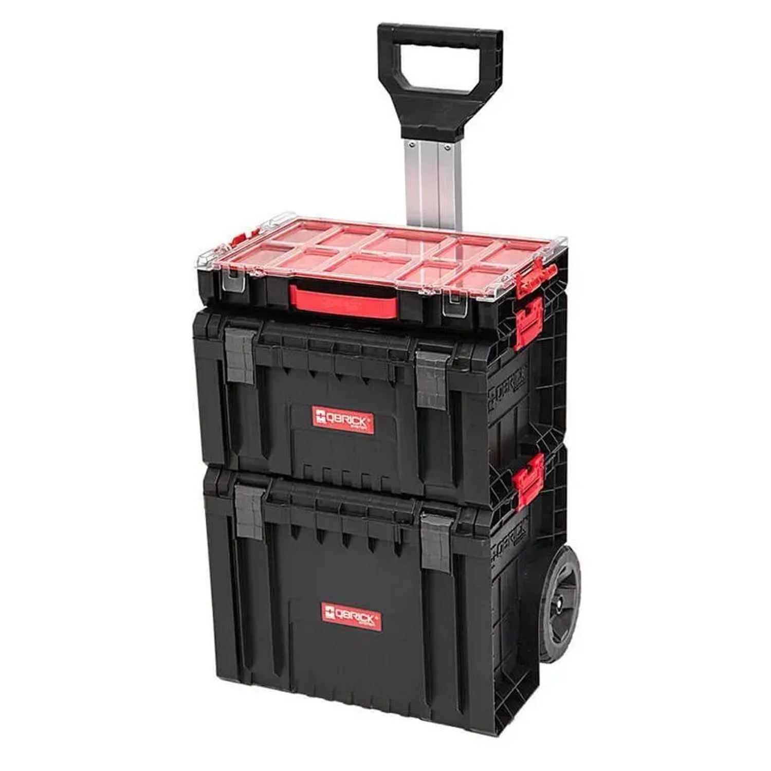 PROREGAL QBRICK Werkzeugtrolley Pro, schwarz, mit Teleskopgriff und Rädern.