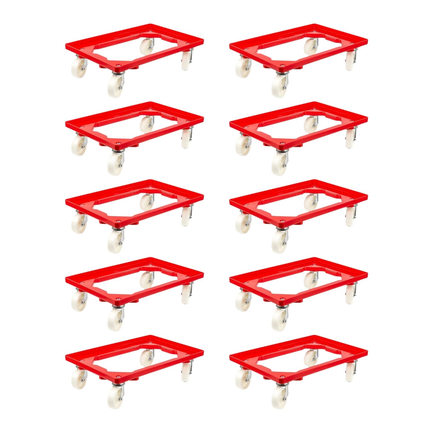 PROREGAL SparSet 10x Transportroller für Euroboxen 60 x 40 cm mit Kunststoffräder Rot Offenes Deck 2 Lenkrollen und 2 Bo