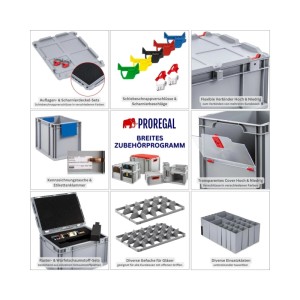 PROREGAL Eurobox Sparset: Zubehör wie Deckel, Schnappverschlüsse, Einsätze für Aufbewahrungsboxen.