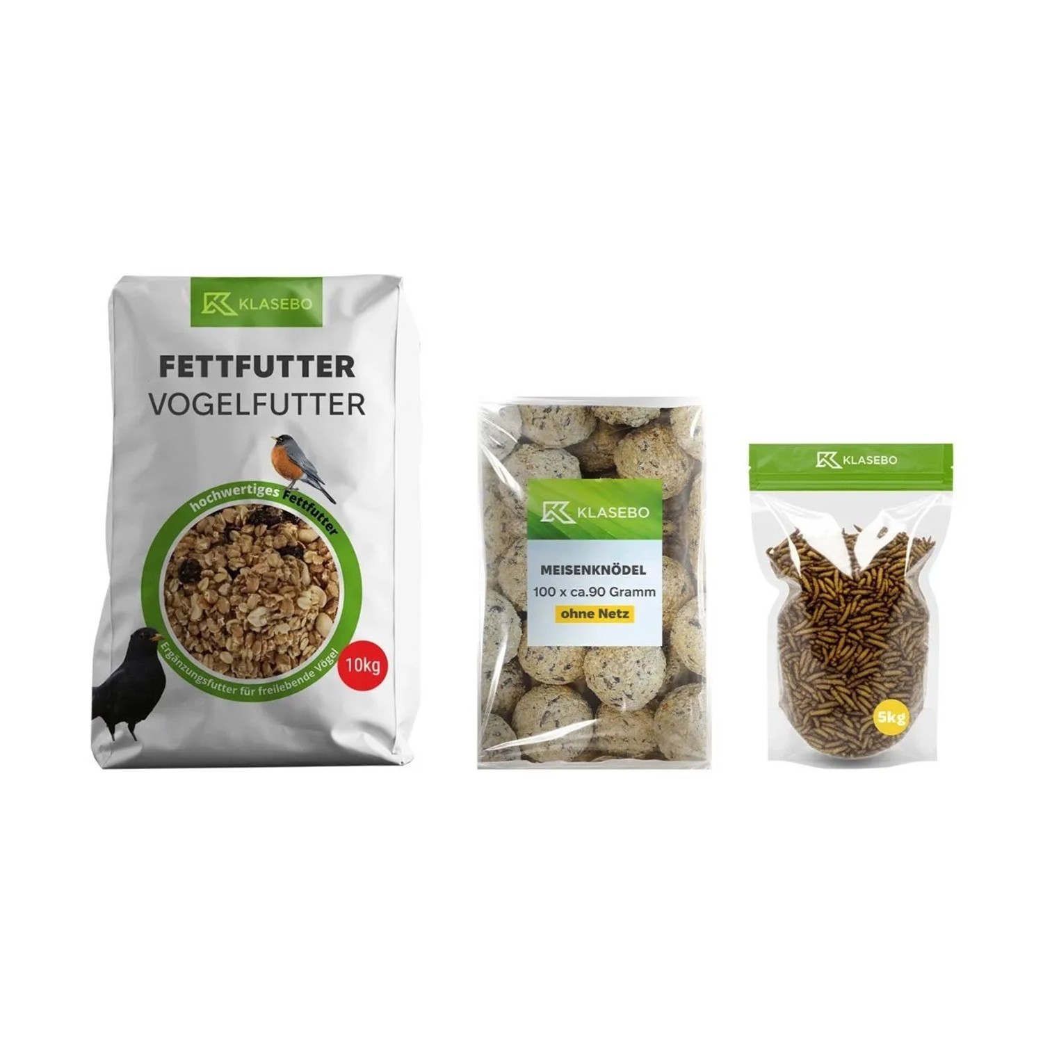 KLASEBO Wildvogel Winterfutter-Set 40 kg Streufutter 25 kg Getrocknete Soldatenfliegenlarven 5 kg Suet-Mischung 10 kg