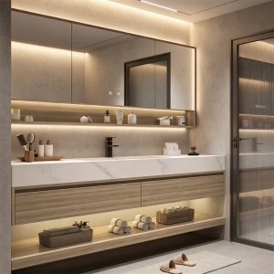 Modernes Waschtisch-Set: Sinterstein-Waschbecken, Holzmaserung Unterschrank, LED-Spiegelschrank mit Ablage. Praktischer Stauraum.