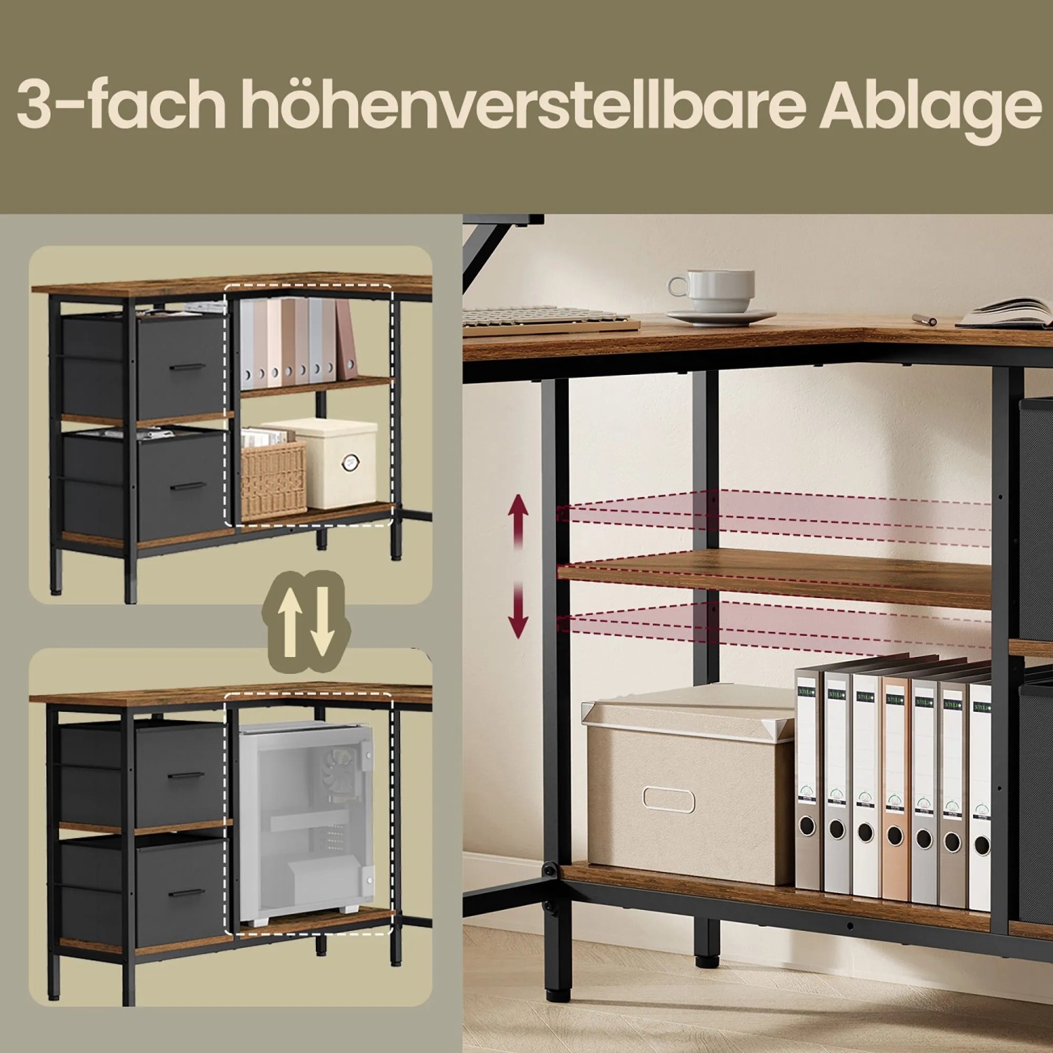 Songmics Schreibtisch Brandon: Höhenverstellbare Ablage für PC-Tower oder Ordner.