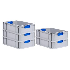 PROREGAL Eurobox Sparset, 5 graue Aufbewahrungsboxen mit blauen Griffen, 34 Liter, stapelbar.