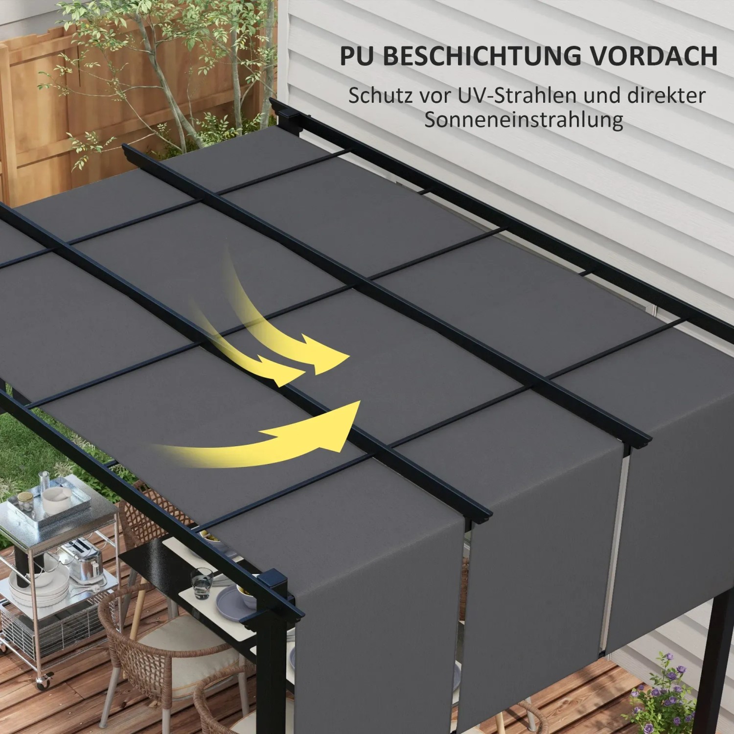 Dunkelgraue Outsunny Pergola mit Stahlrahmen und Stoffdach für Sonnenschutz im Garten.