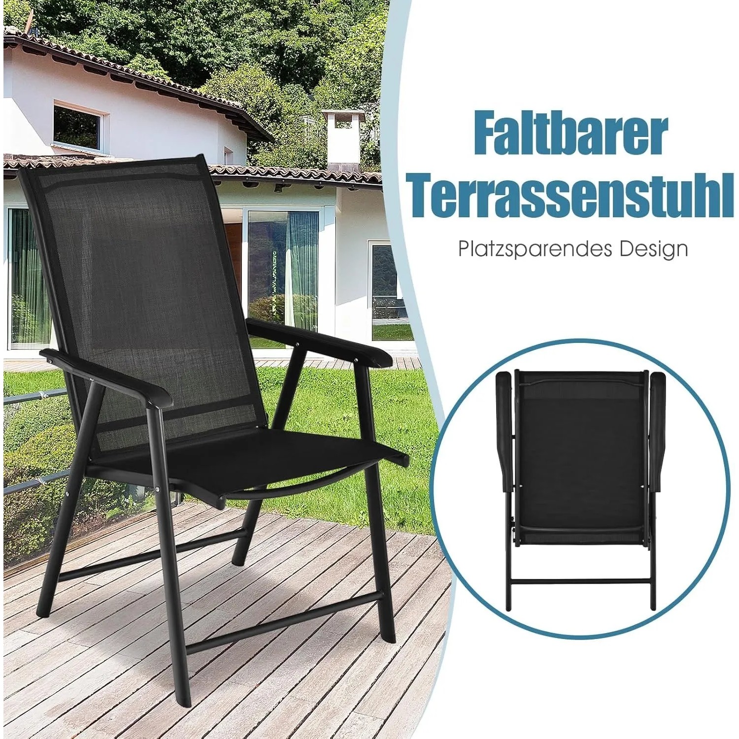 2er Set Costway Gartenstühle, hochlehner, klappbar, schwarz. Ideal für Terrasse und Garten.