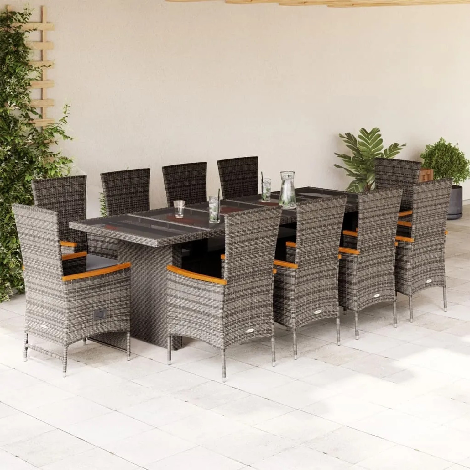 Graue 11-tlg. vidaXL Garten-Essgruppe aus Rattan mit Tisch, Stühlen und Sesseln inklusive Kissen.