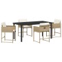 Beige vidaXL Garten Essgruppe, 5-teilig, Poly Rattan, mit Tisch und 4 Stühlen mit Kissen.