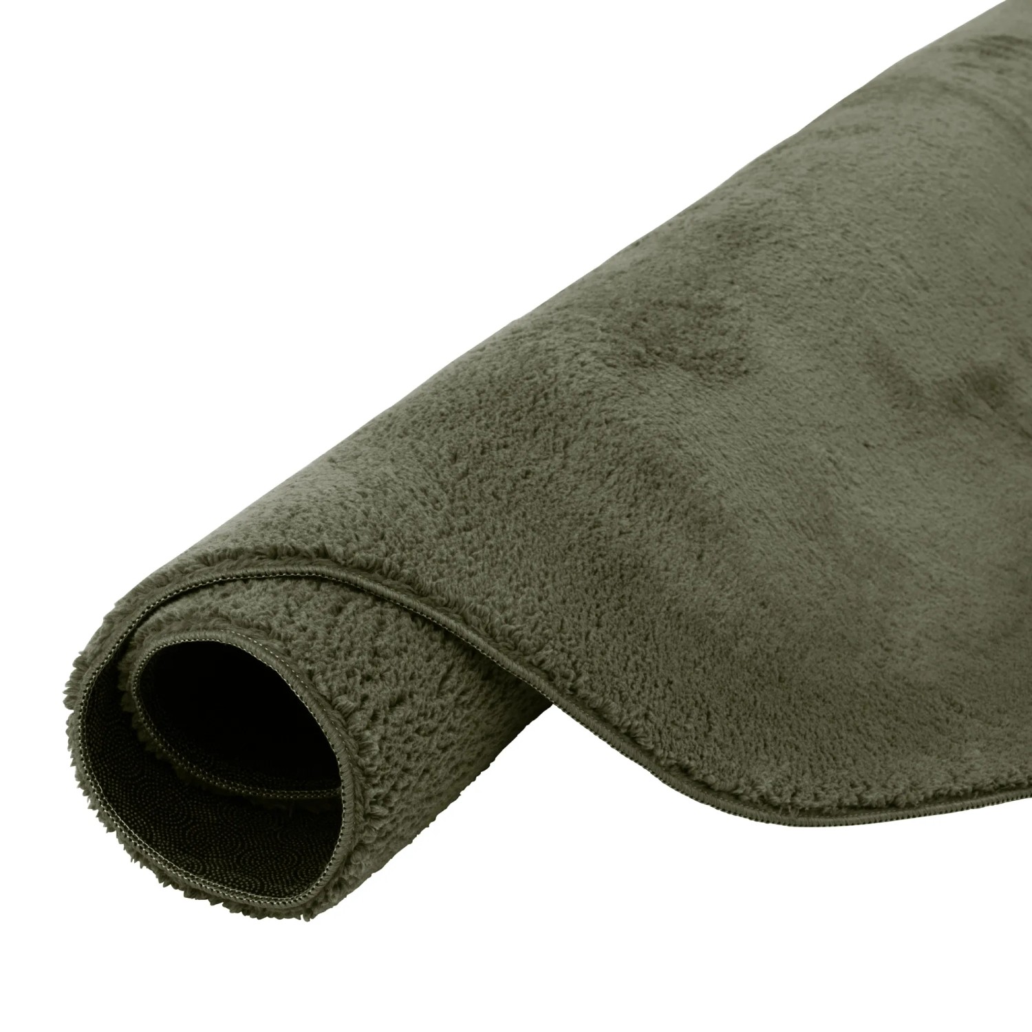 Gerollter, runder, tannengrüner Fellteppich Pergamon Luxus Super Soft, 160cm. Kurzflorteppich.
