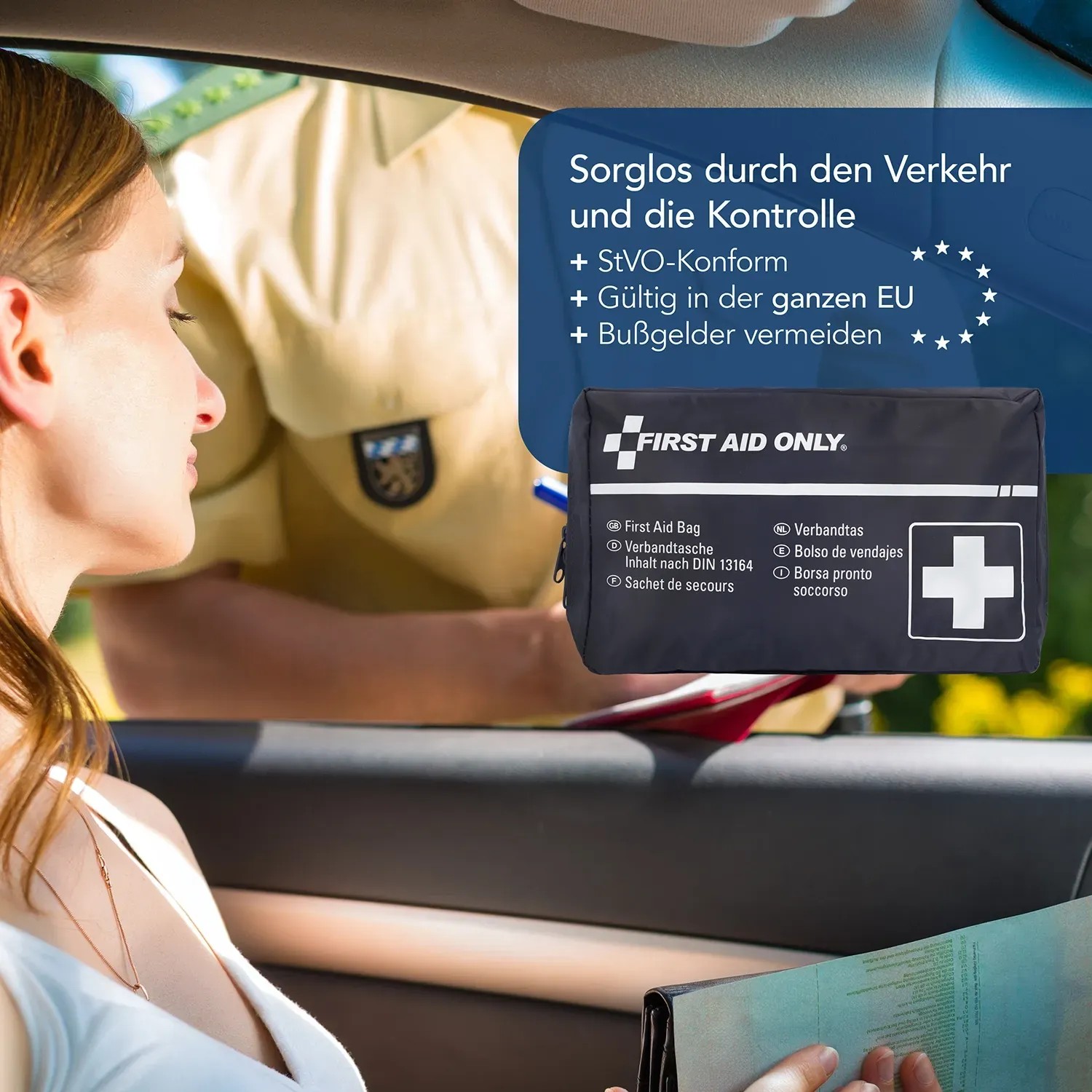 First Aid Only Verbandtasche DIN 13164 im Auto bei Verkehrskontrolle.