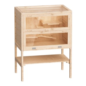 Wiltec Nagerkäfig aus hellem Holz mit Acryl-Sichtfenstern, 3 Etagen, Drahtgitter-Deckel und Ablage. Für Hamster, Mäuse.