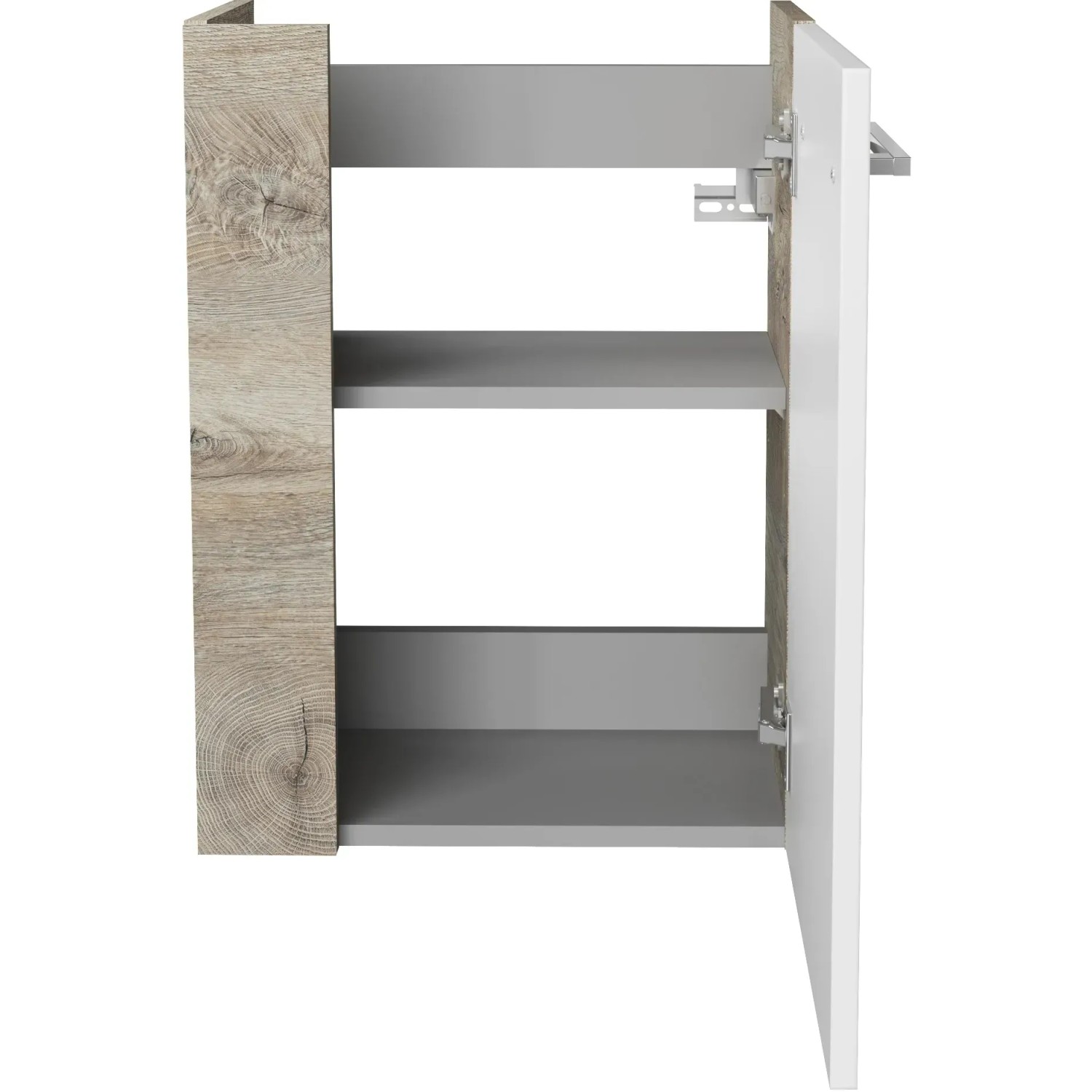 Fackelmann Waschbeckenunterschrank SBC Eiche Natur, 44 cm breit, mit weißer Tür und Einlegeböden.