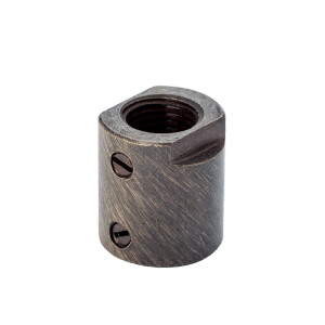 Antike Messing Muffe M10x1 für Lampenrohre, mit Innengewinde und zwei Schrauben. Ideal für Leuchten.