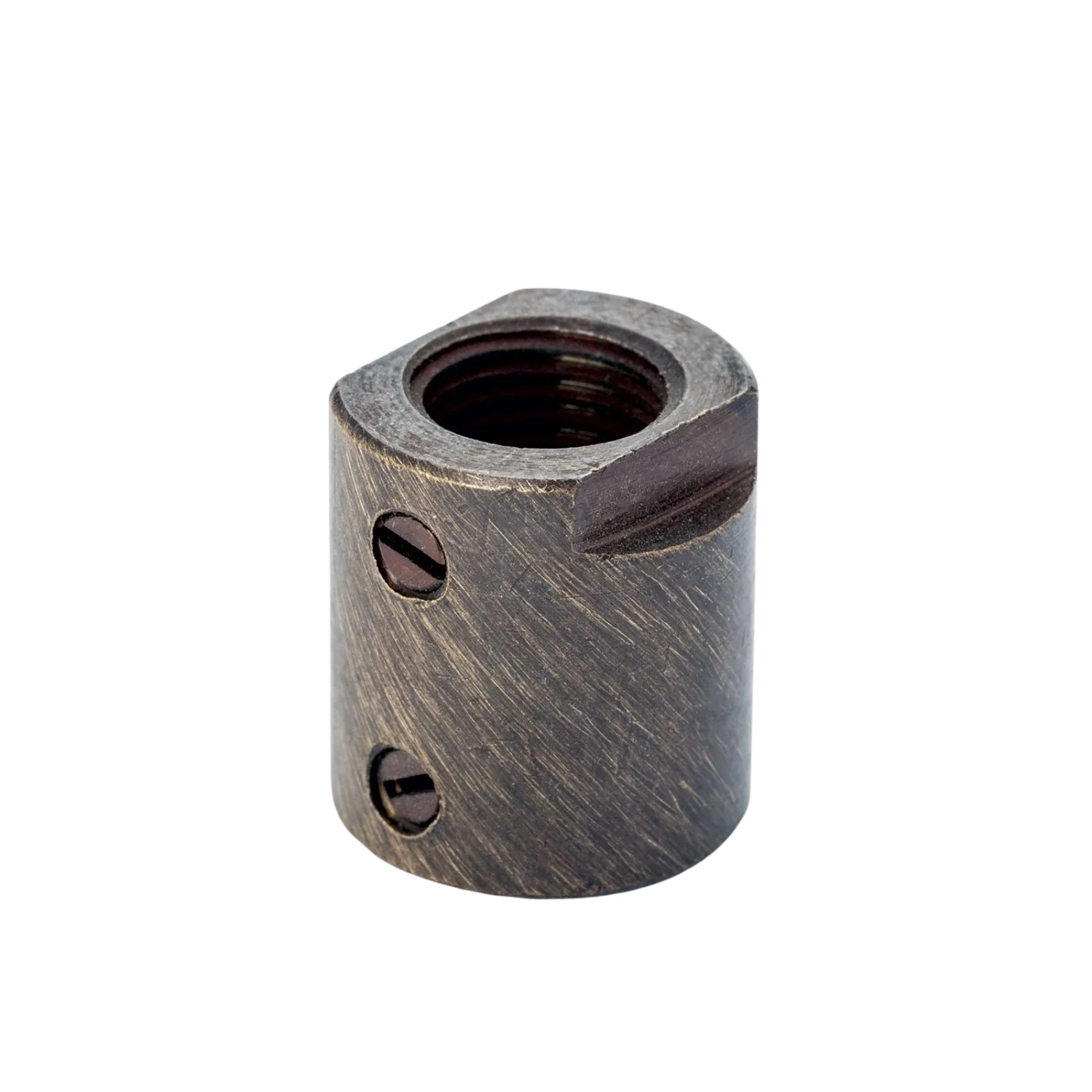Antike Messing Muffe M10x1 für Lampenrohre, mit Innengewinde und zwei Schrauben. Ideal für Leuchten.